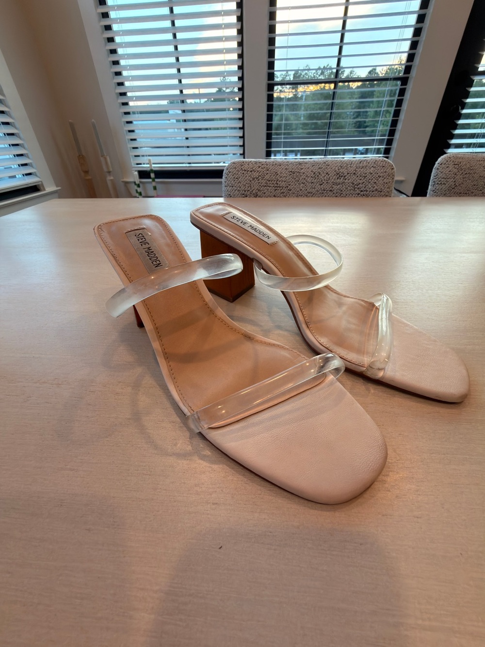 Steve Madden Blush Nude Block Heel Mules with Clear Straps - Size 9